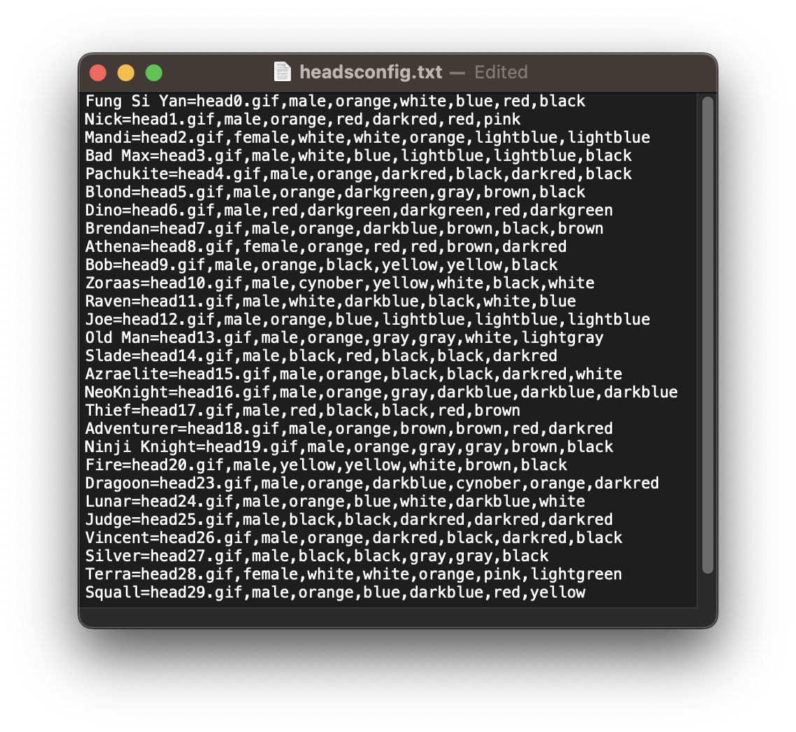 Heads 0 - 29 Character Names (final classic official headsconfig.txt).