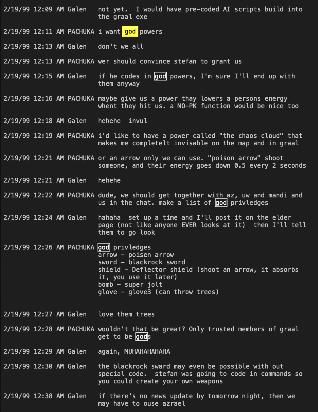 PACHUKA brainstorms about "graal god" powers and initial lore.